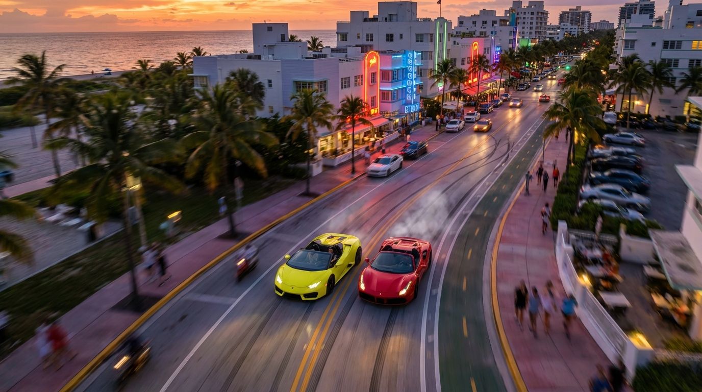 Luxury car on Ocean Drive Miami